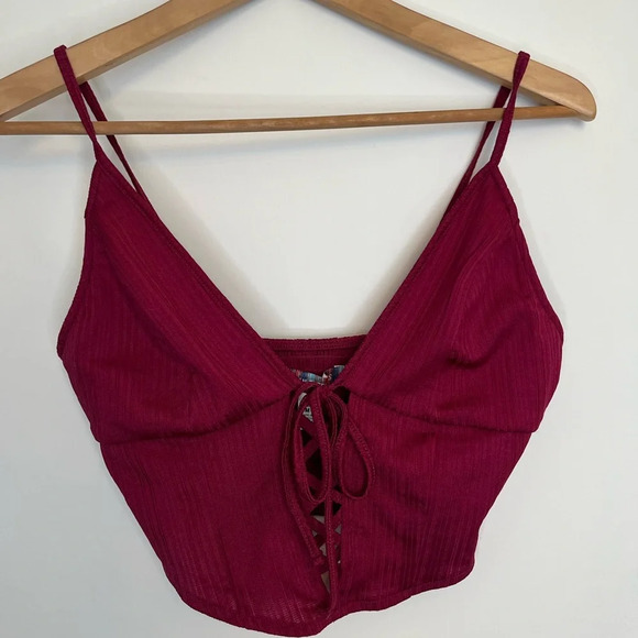Urban outfitters Women's Burgundy Lace-Up Top size medium - Picture 2 of 4